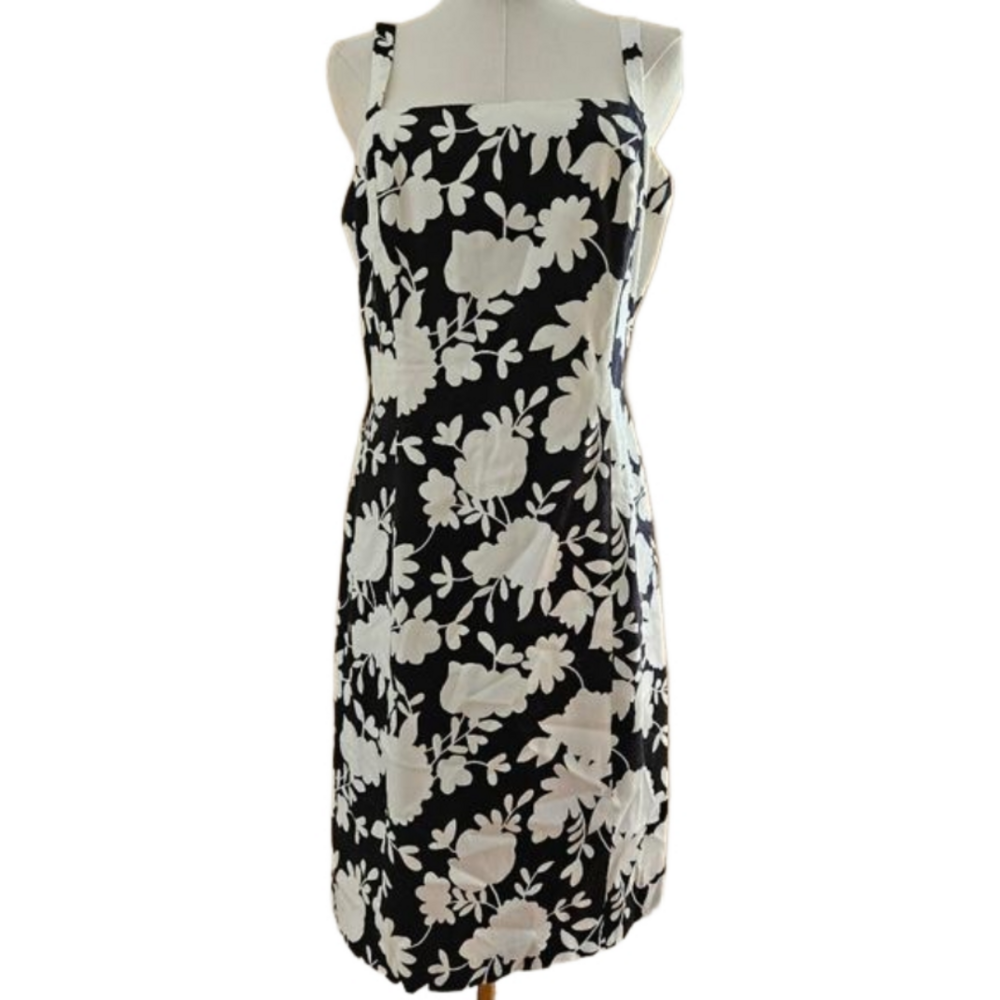 Tahari Black & White Floral Cotton Sleeveless Shift Midi Dress-Size 10